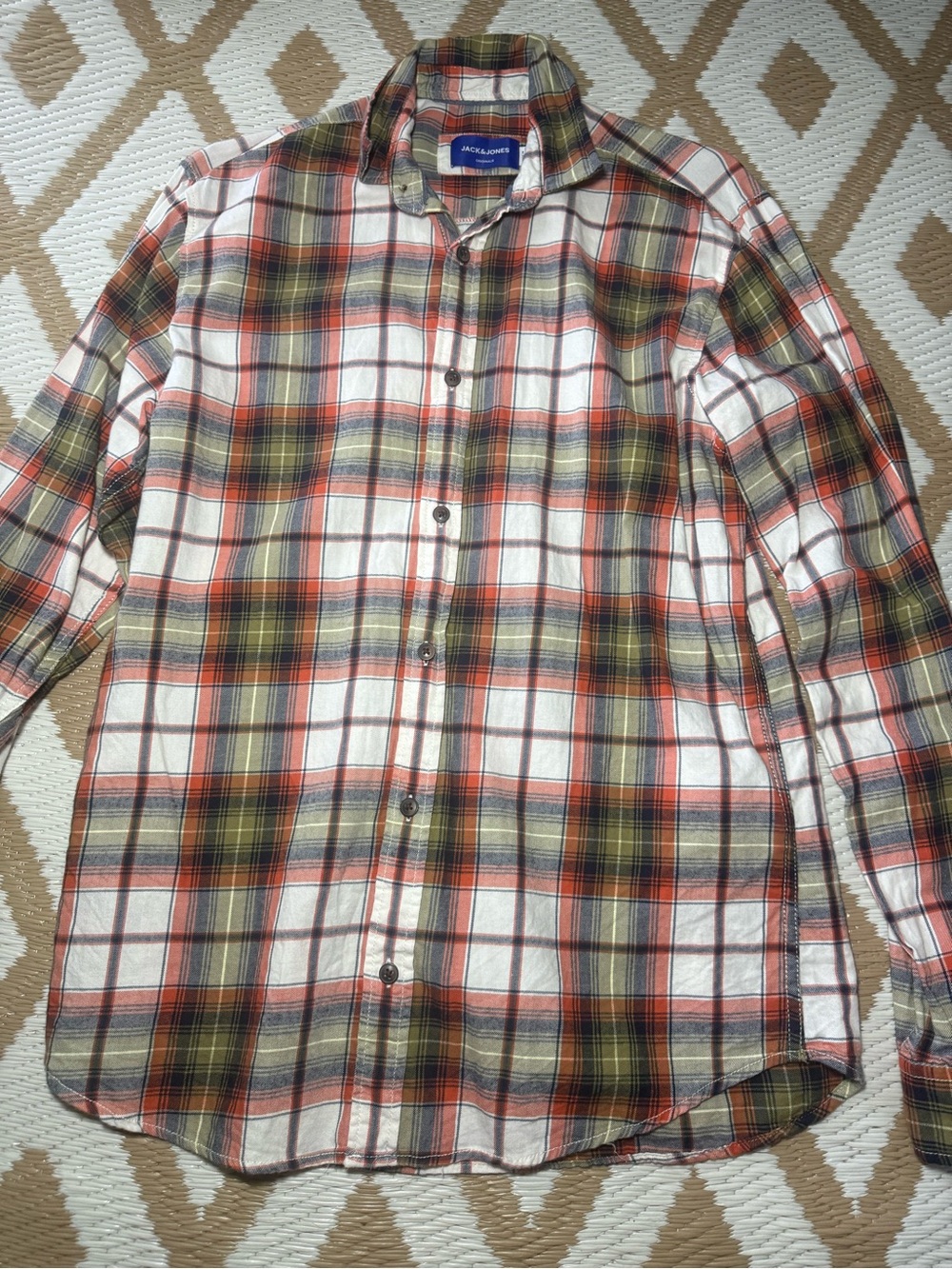 Jack & Jones Plaid Button-Down Shirt in Olive, Rust & White